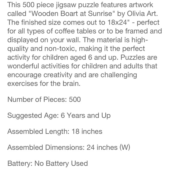 *DONATED* NWT 500 piece Jigsaw Puzzle 18”x24” Wooden Boat at Sunrise - Picture 3 of 5